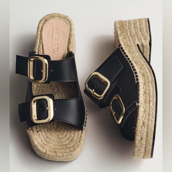 Crew Made in Spain Black Leather Gold Buckle Block Heel Espadrilles